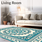 Elegant Teal Floral Mandala Border Rug