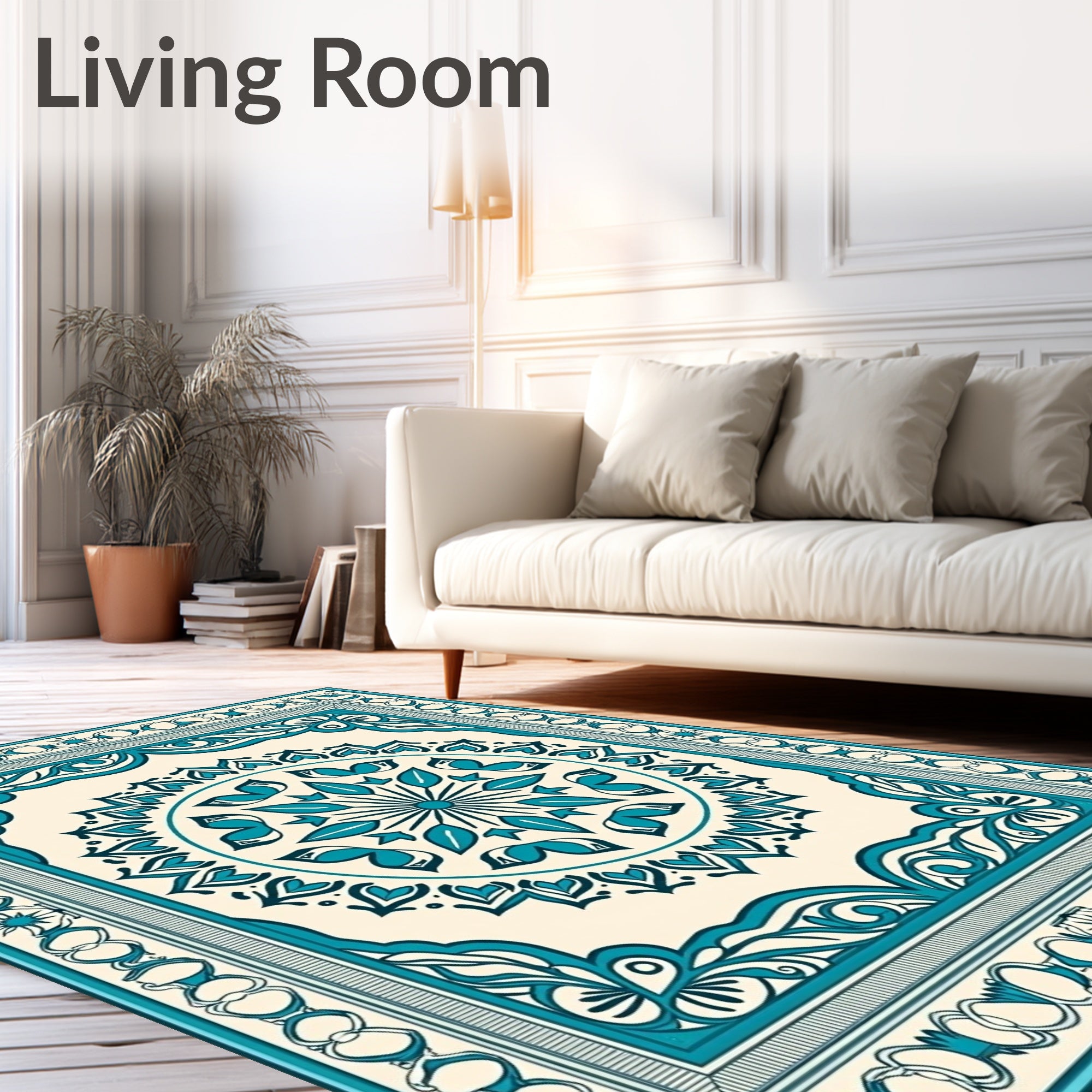 Elegant Teal Floral Mandala Border Rug