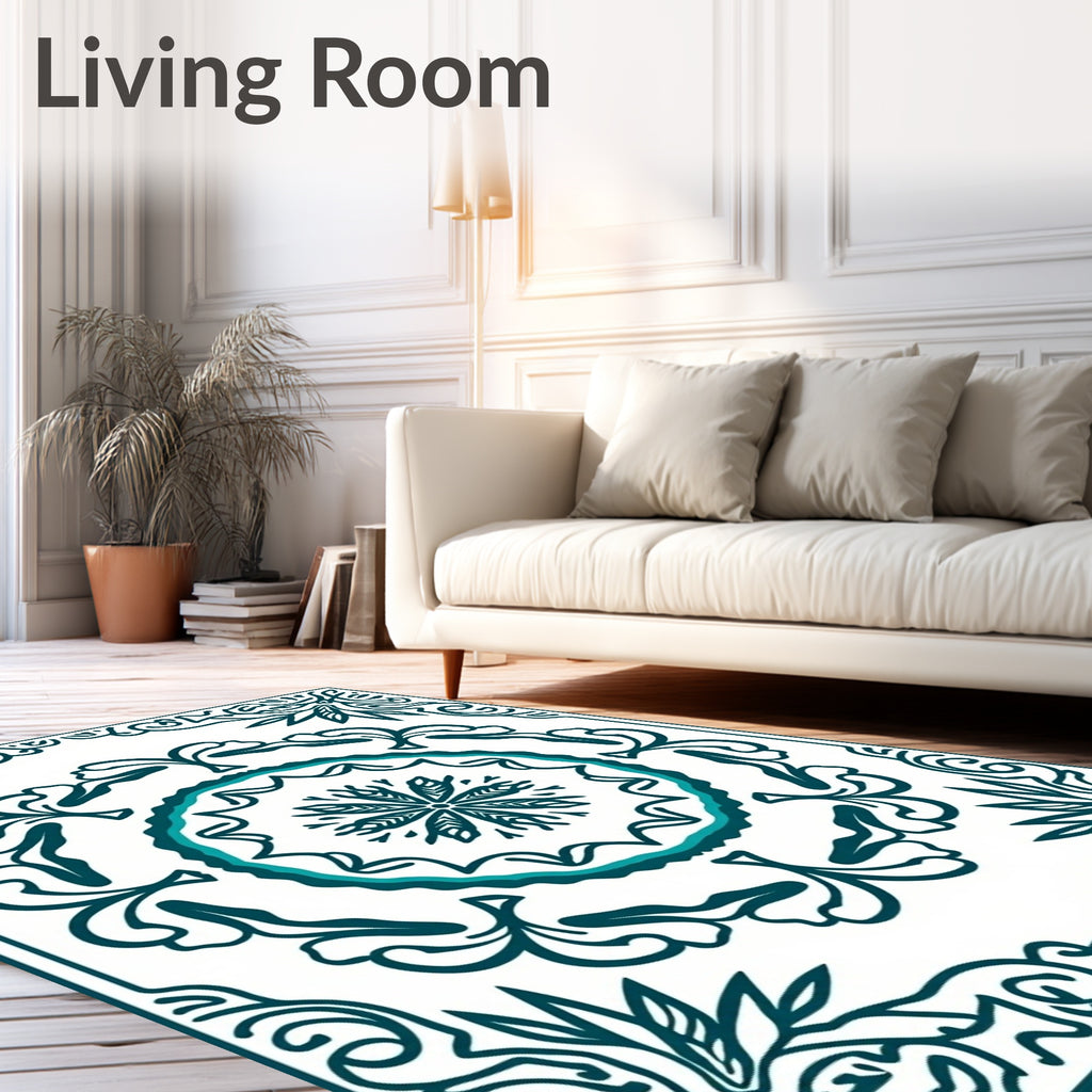 Teal Floral Medallion Bordered Rug