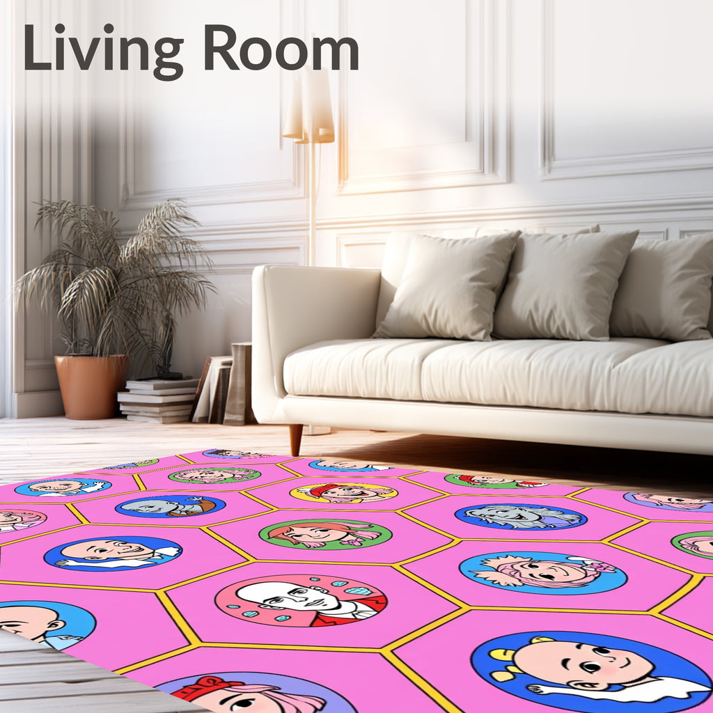 Pink Hexagon Colorful Character Collage Rug
