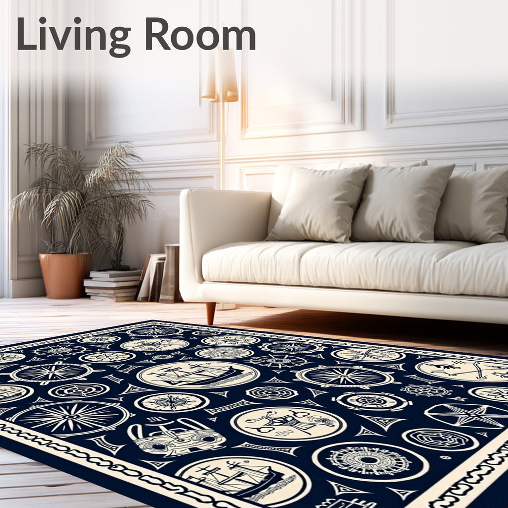 Nautical Navy White Ship Wheel Medallion Rug