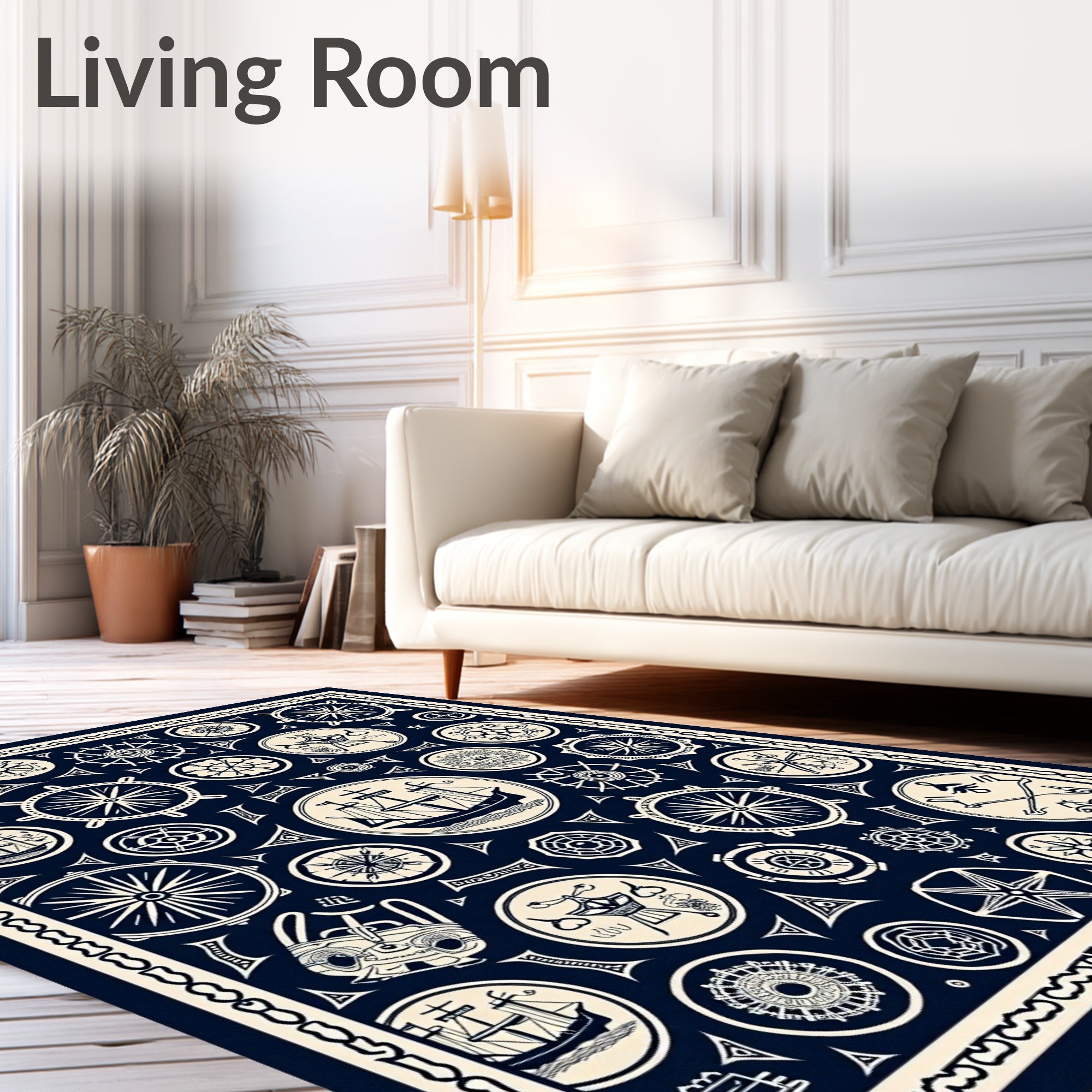 Nautical Navy White Ship Wheel Medallion Rug
