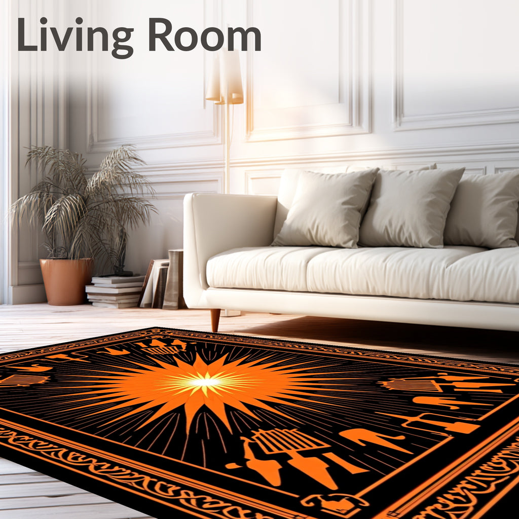 Radiant Orange Sunburst Ornate Border Rug