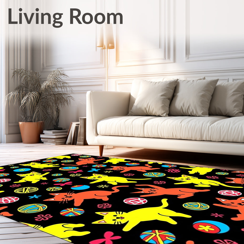 Playful Orange Yellow Cats Yarn Balls Rug