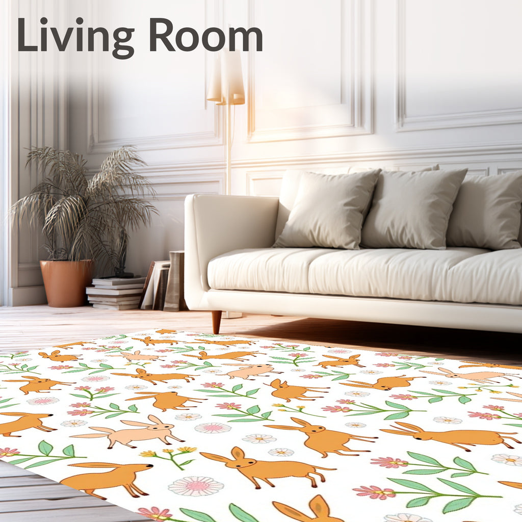 Whimsical Brown Bunny Meadow Floral Rug