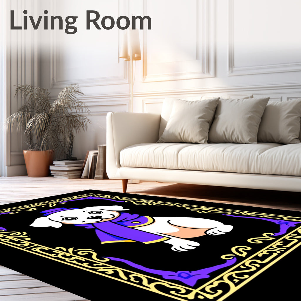 Pup in purple top hat scarf frame Rug