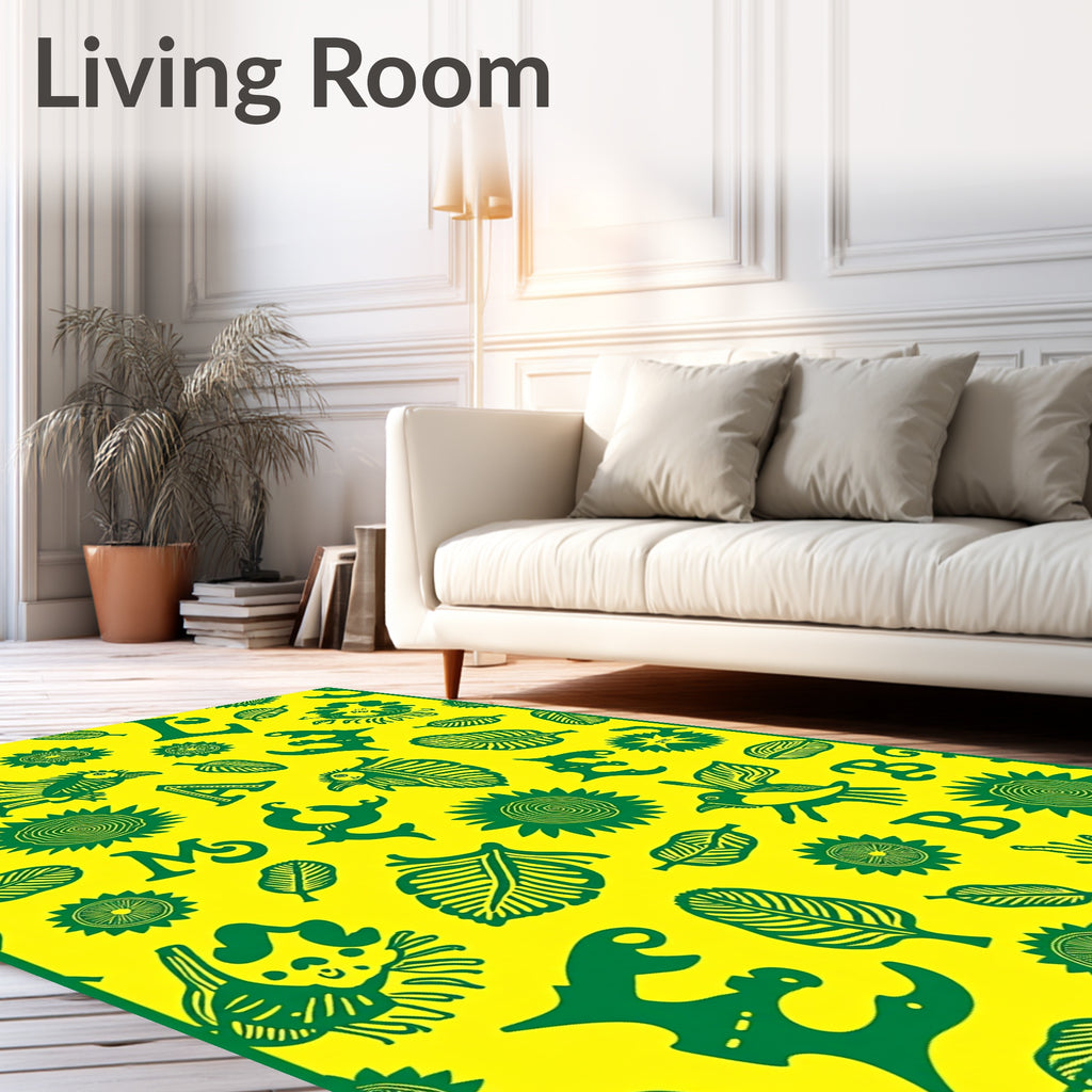 Whimsical Green Animals and Letters Yellow Rug