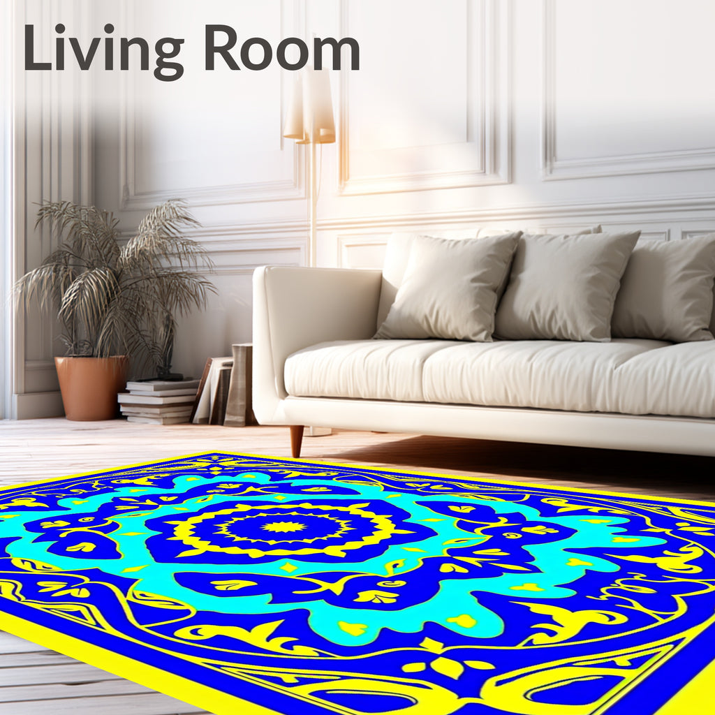 Bold Yellow Blue Floral Medallion Rug