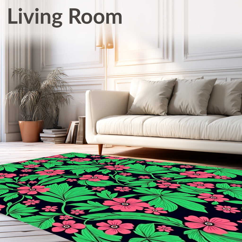 Crimson Floral Green Leaf Outline Rug