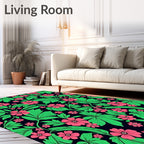 Crimson Floral Green Leaf Outline Rug