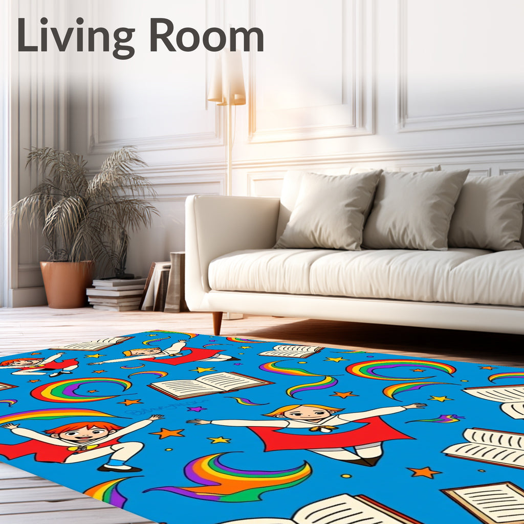 Whimsical Flying Children Rainbow Books Rug