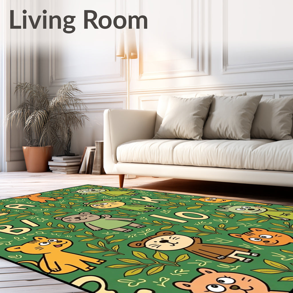 Whimsical Animal Alphabet Green Foliage Rug