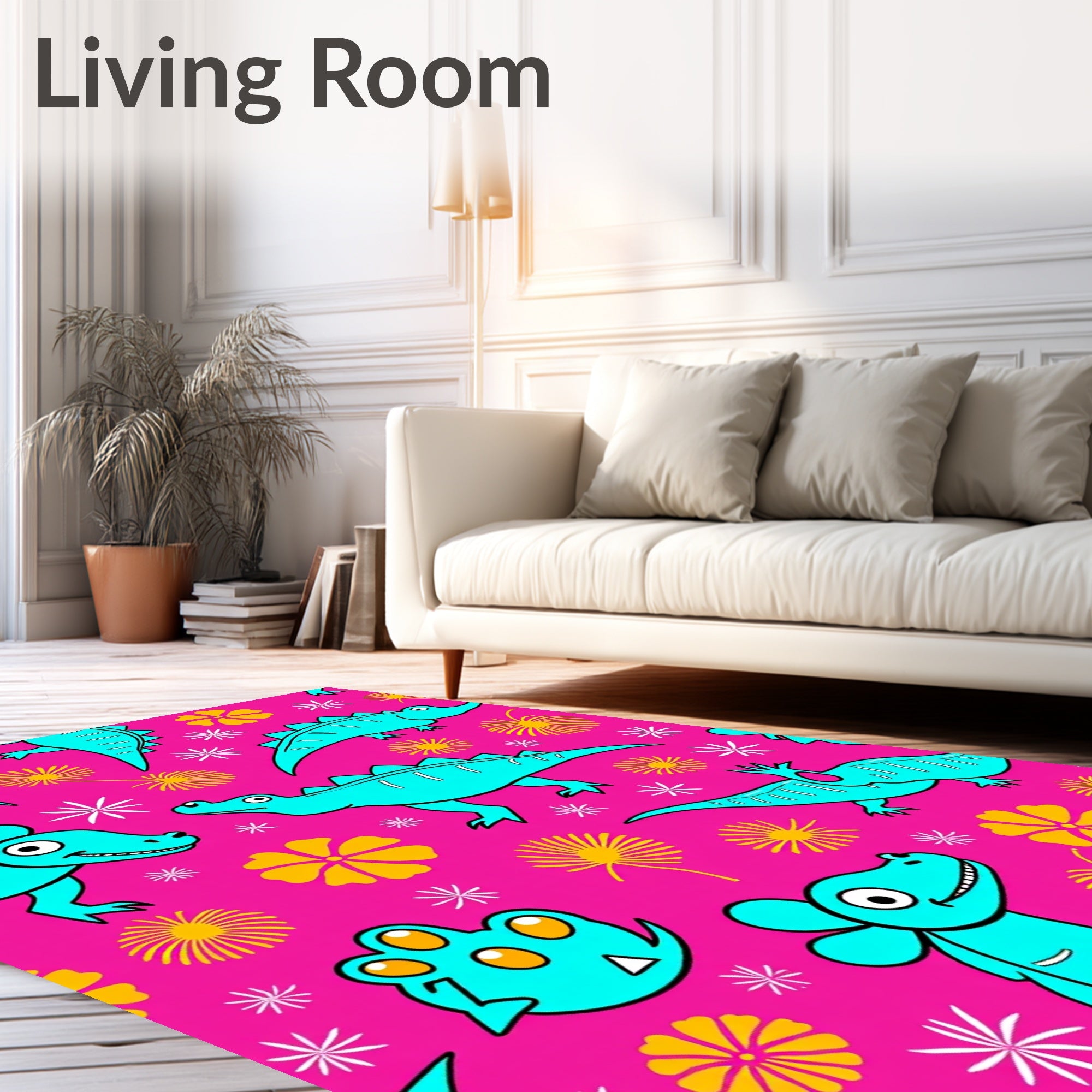 Bright Pink Turquoise Dinosaur Floral Medley Rug