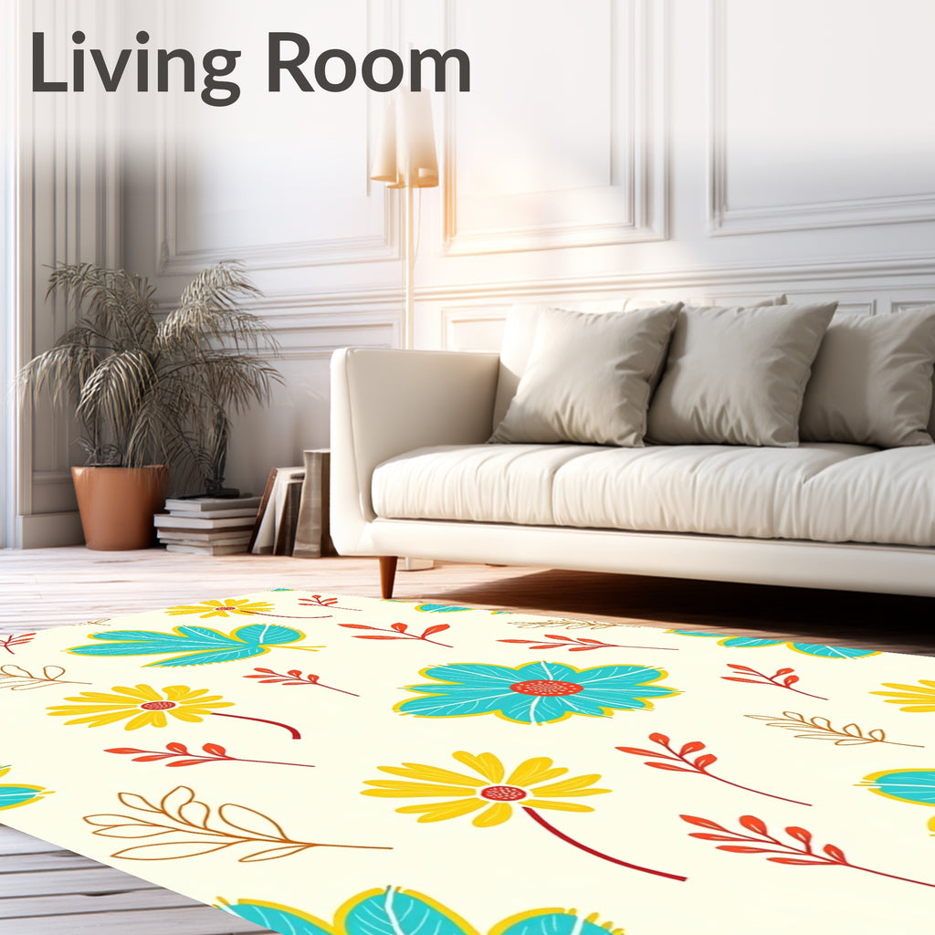 Coastal Blue Yellow Floral Branches Whimsical Rug