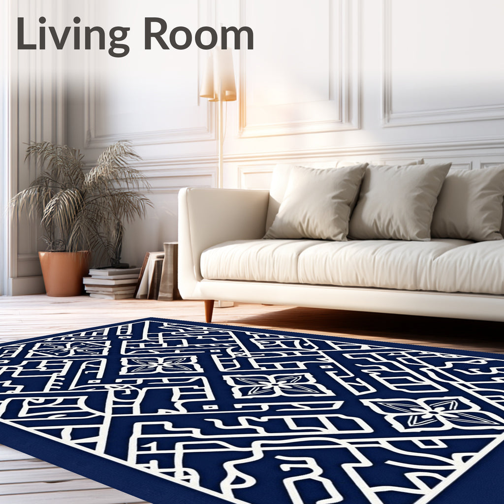 Navy White Intricate Geometric Floral Rug