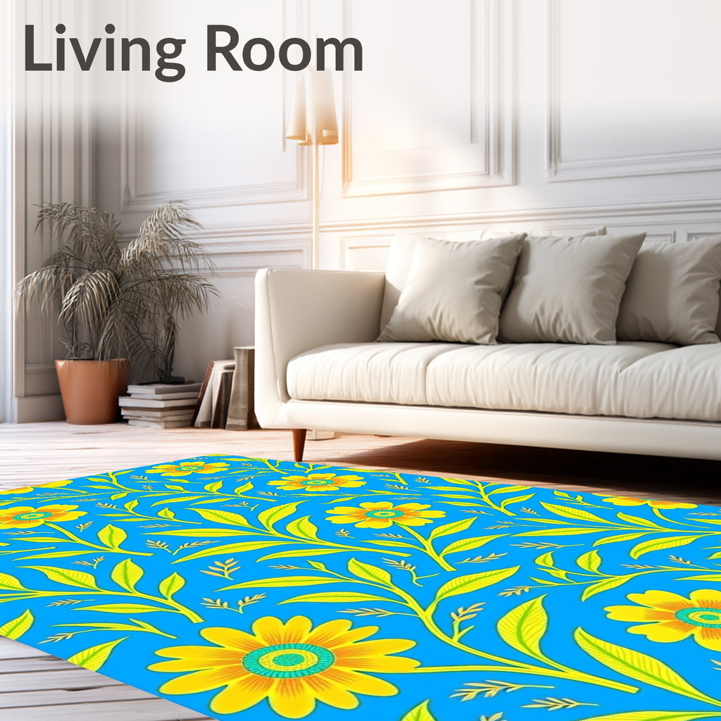 Symmetrical Yellow Floral Vine Cobalt Rug