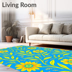 Symmetrical Yellow Floral Vine Cobalt Rug