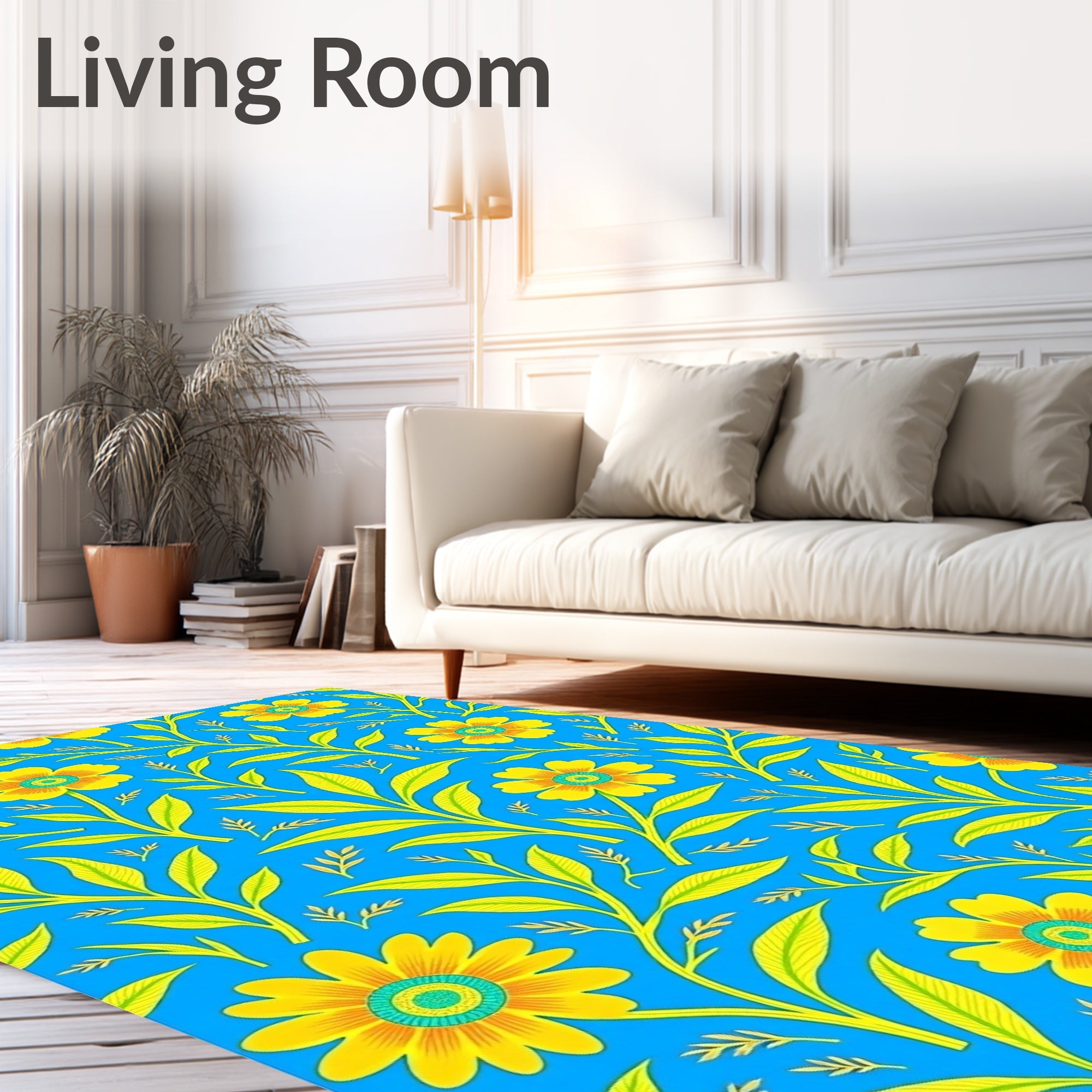 Symmetrical Yellow Floral Vine Cobalt Rug