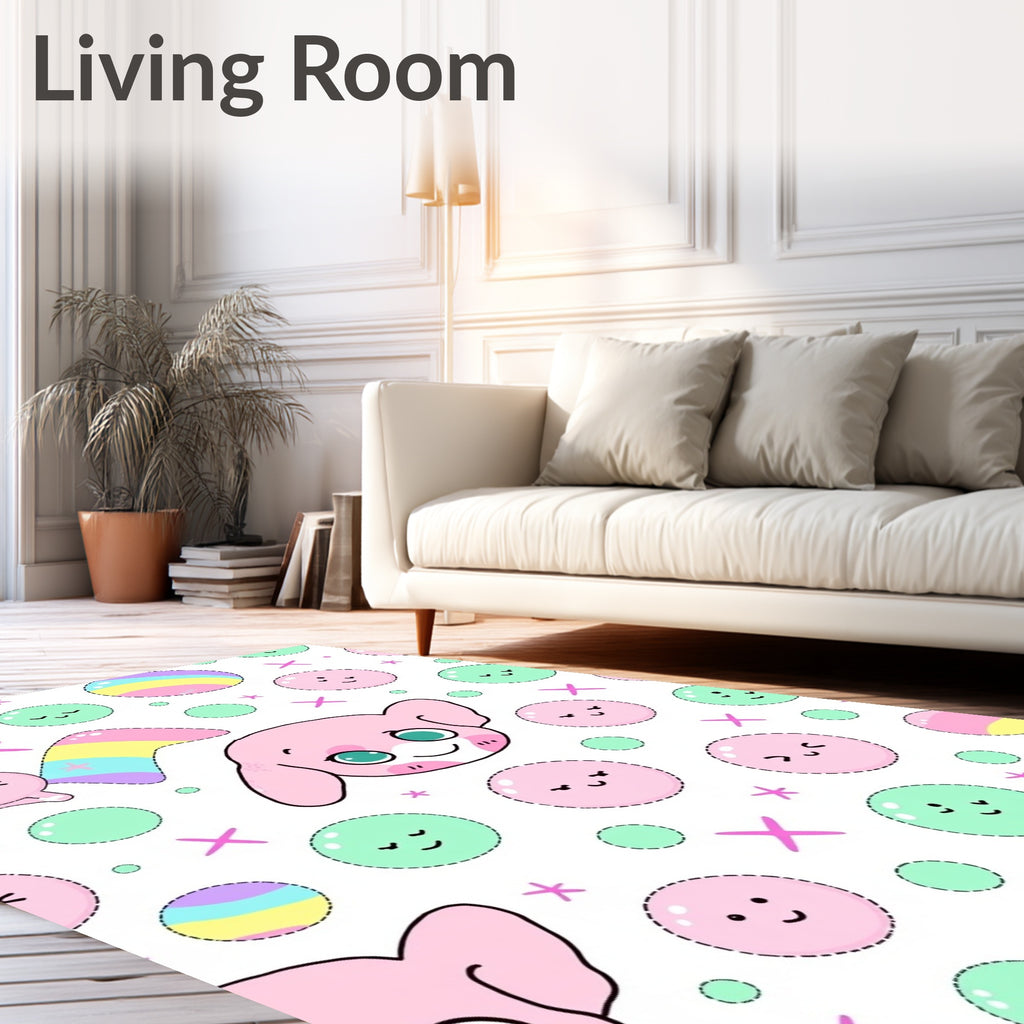 Cute Pink Kawaii Character Rainbow Bubbles Rug