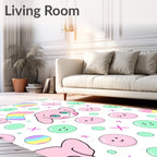 Cute Pink Kawaii Character Rainbow Bubbles Rug
