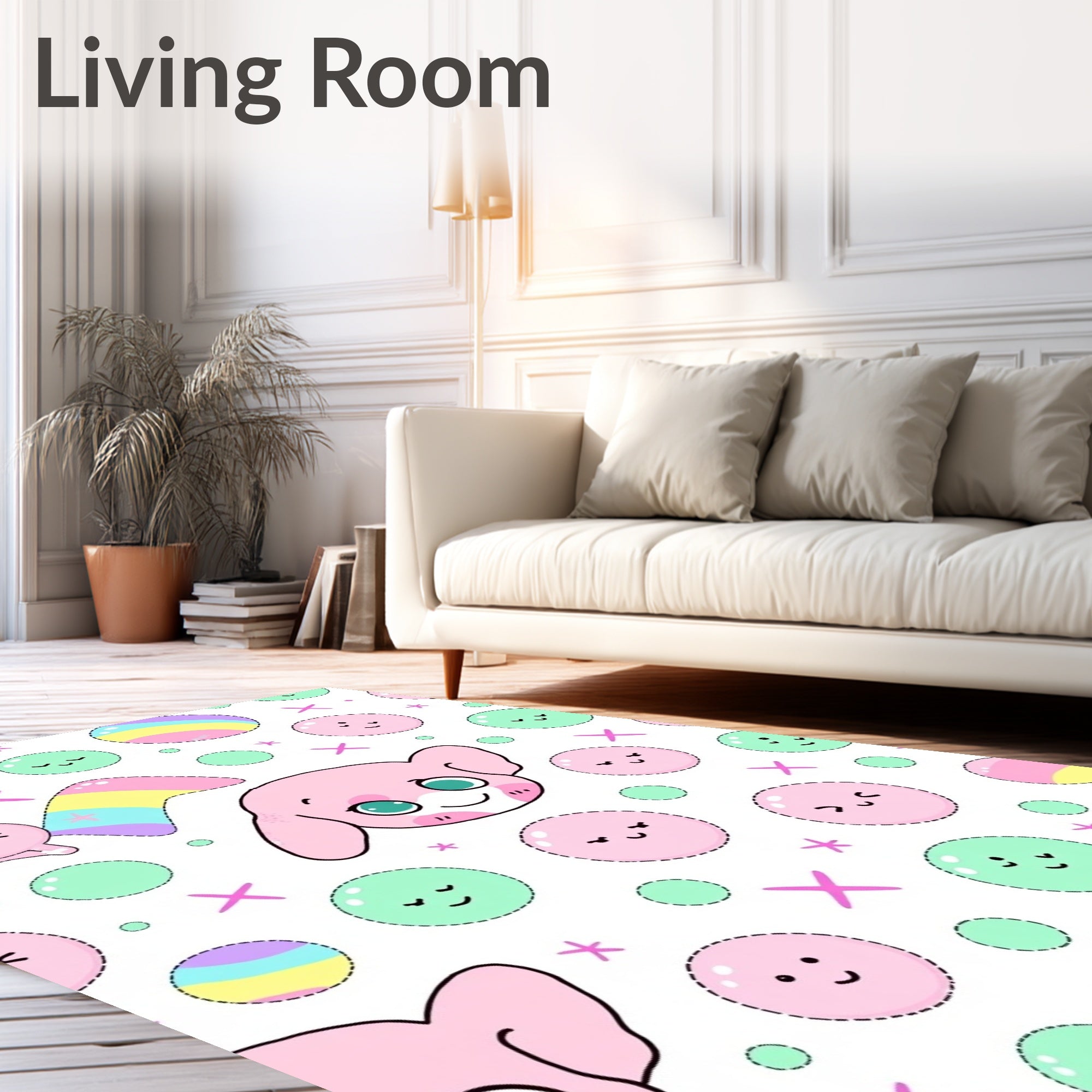 Cute Pink Kawaii Character Rainbow Bubbles Rug