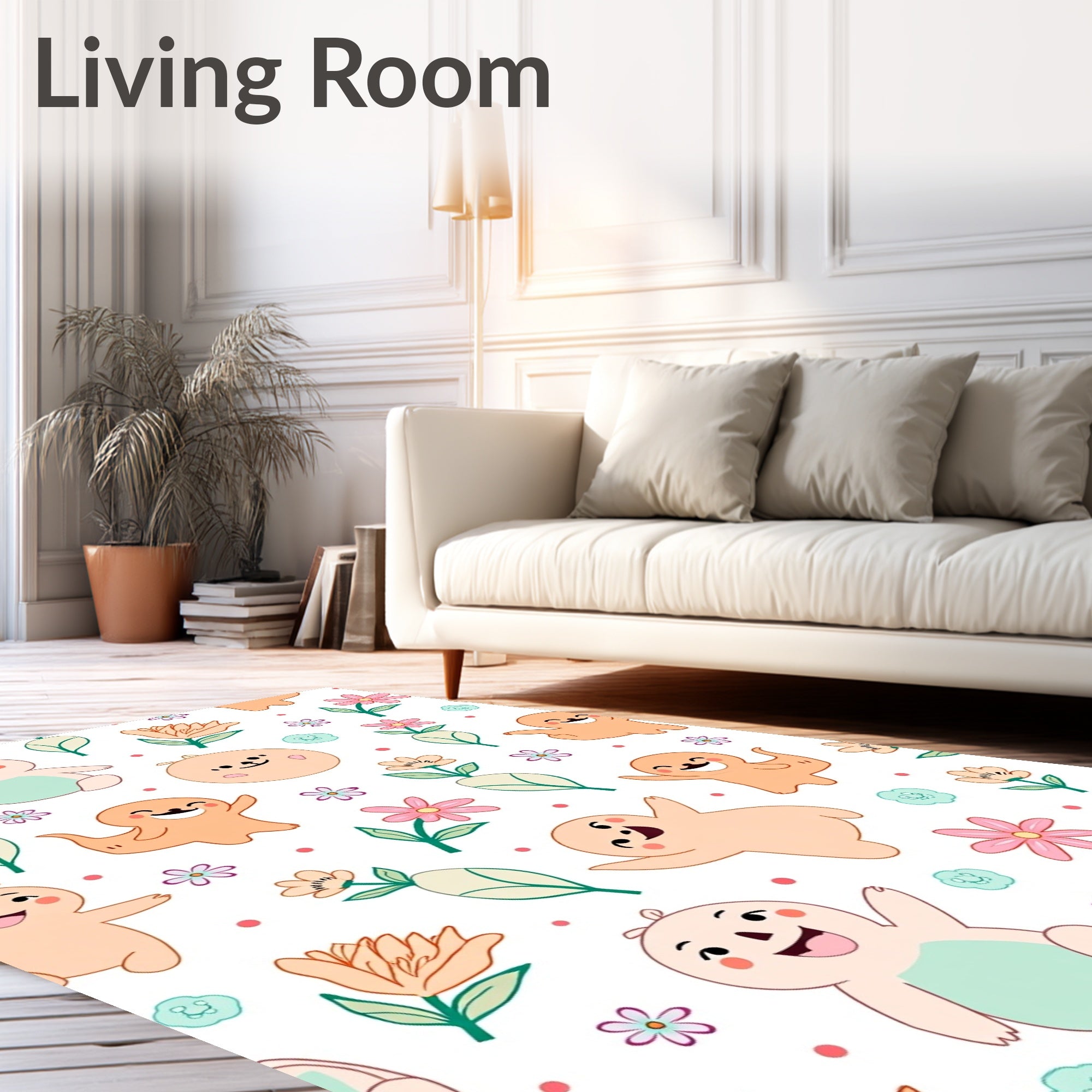Happy Characters and Floral Scatter Rug