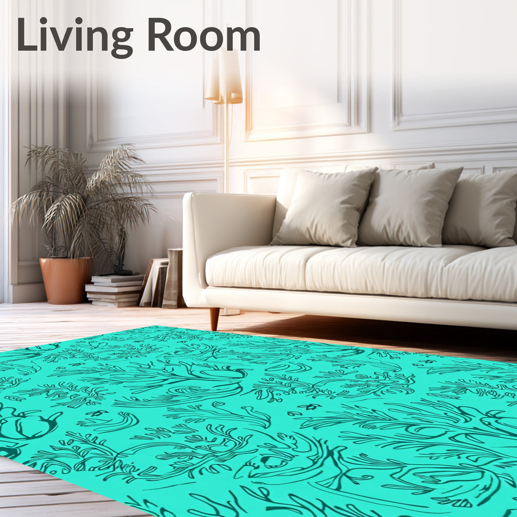 Teal Coral Branch Marine Sketch Rug