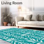 Teal White Floral Art Nouveau Scroll Rug