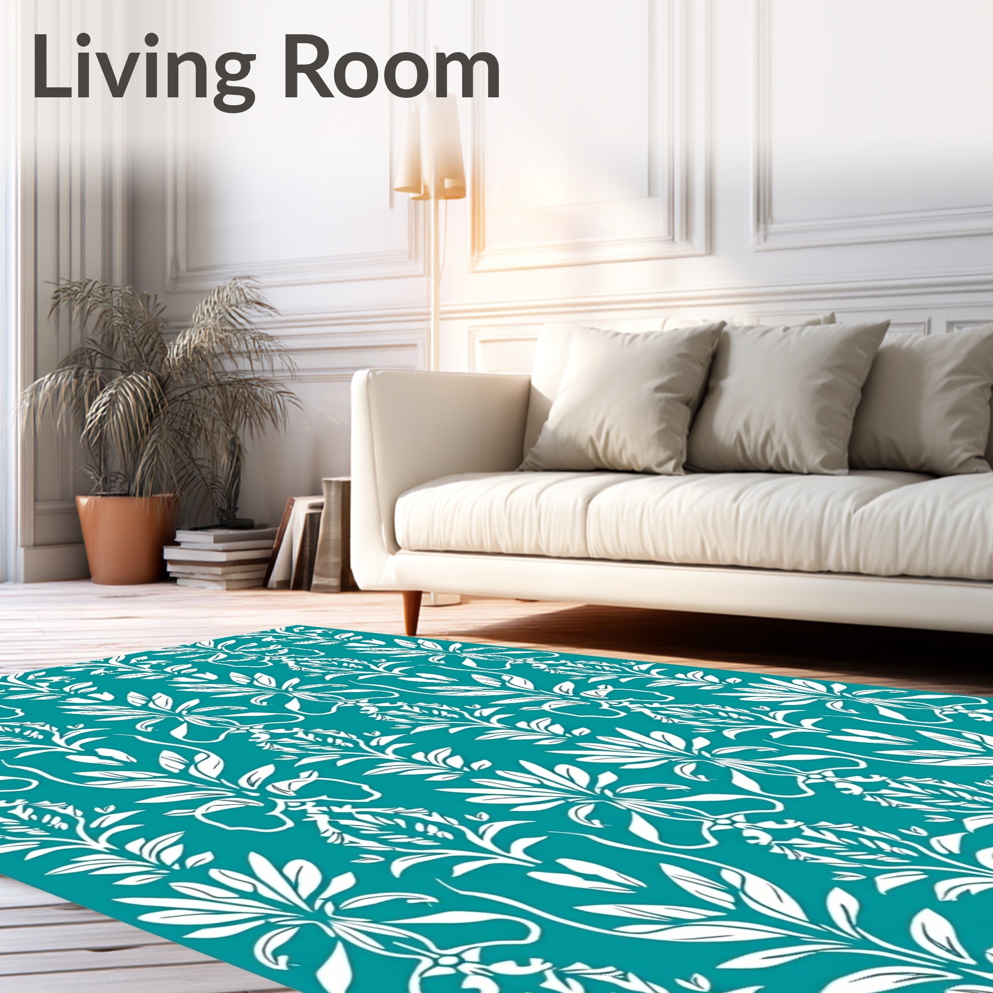 Teal White Floral Art Nouveau Scroll Rug