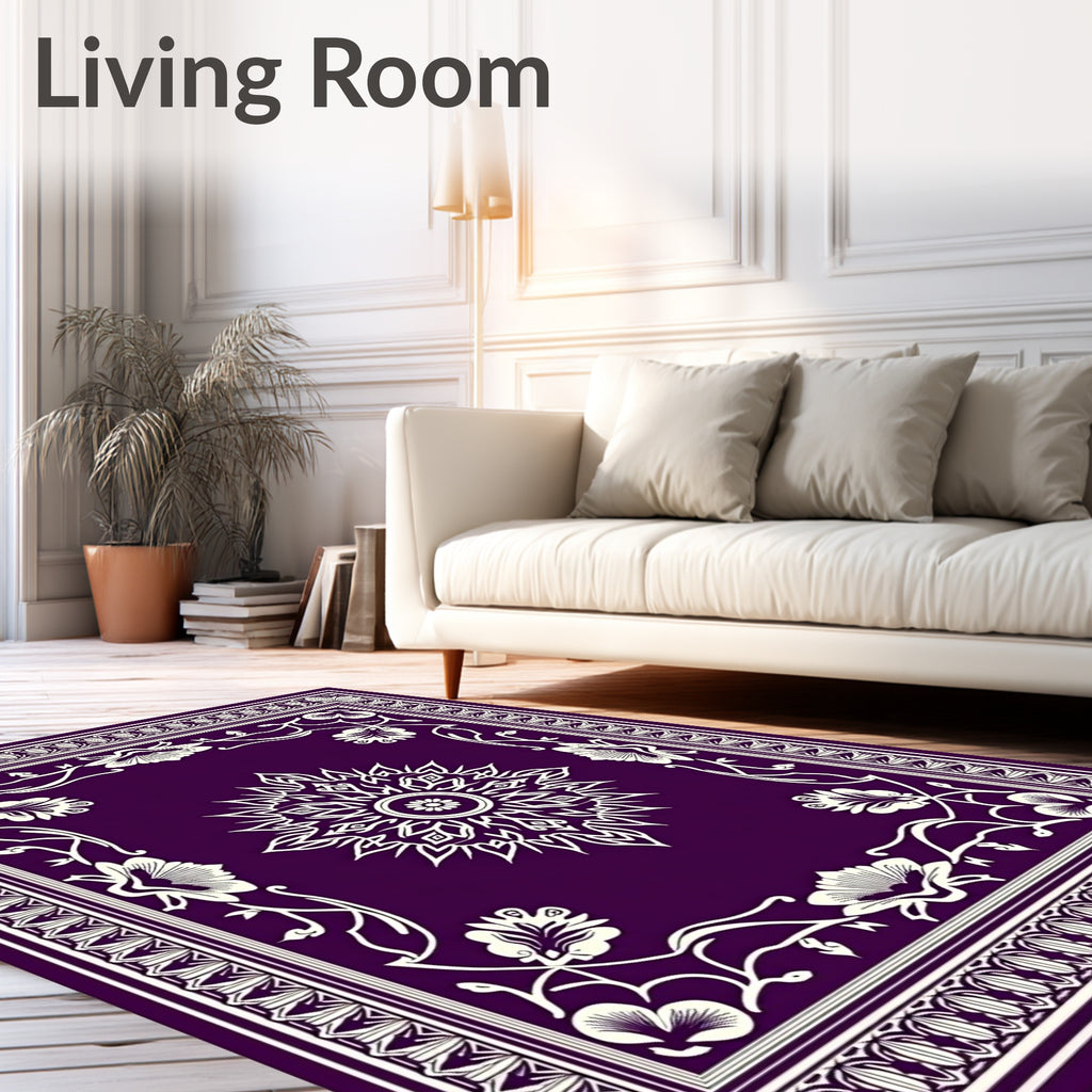 Deep Purple White Floral Mandala Border Rug