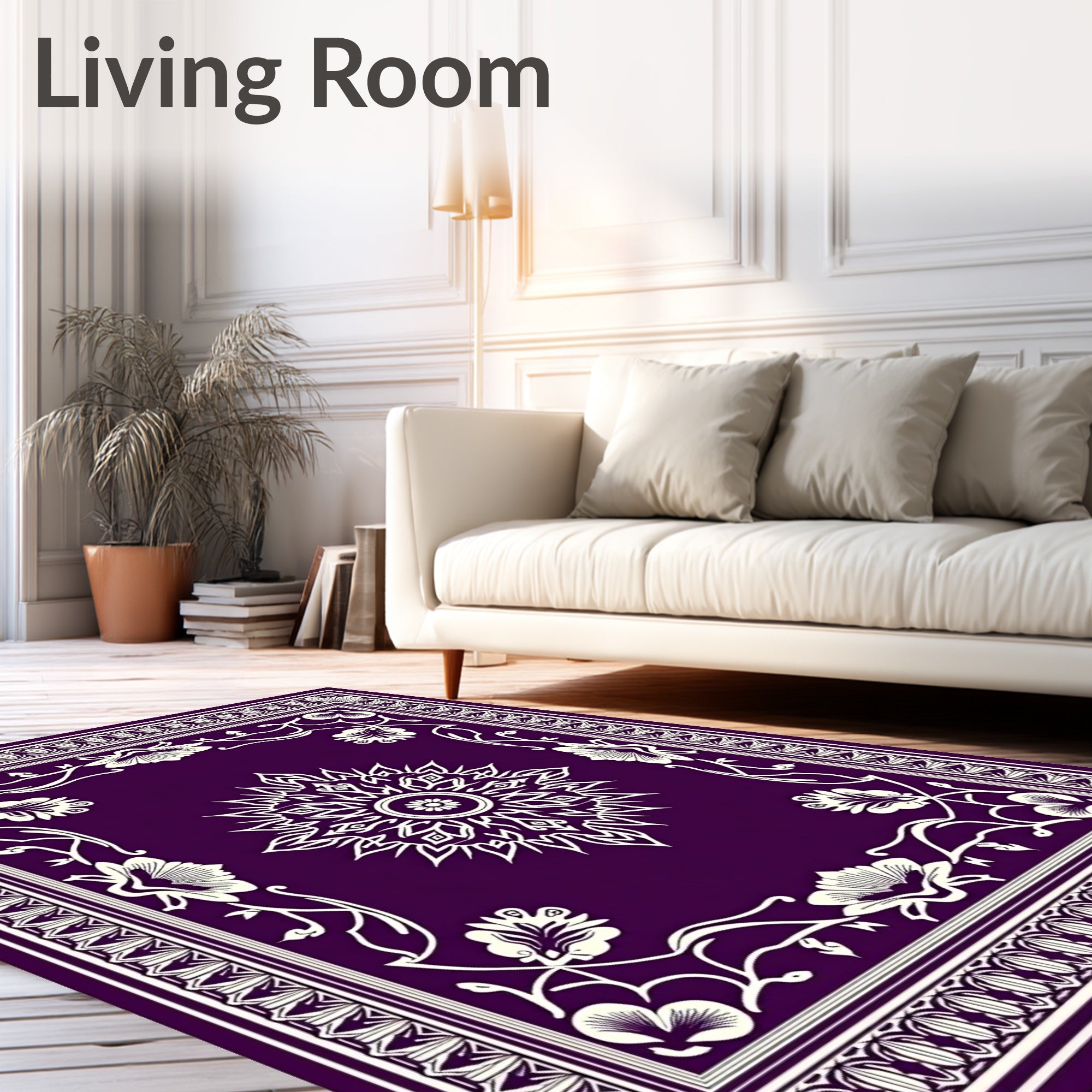 Deep Purple White Floral Mandala Border Rug