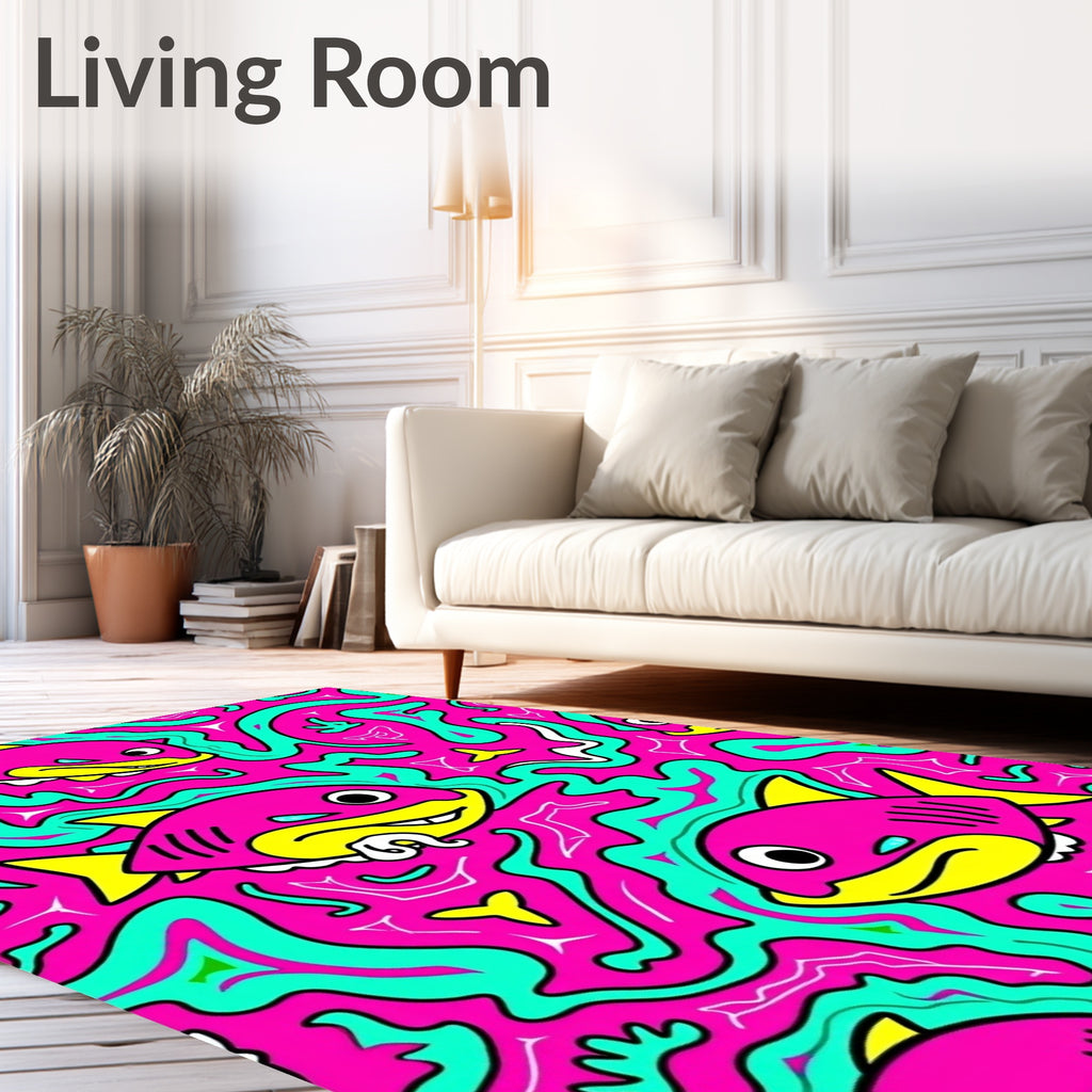 Doodle Fish Pink Aqua Yellow Art Rug