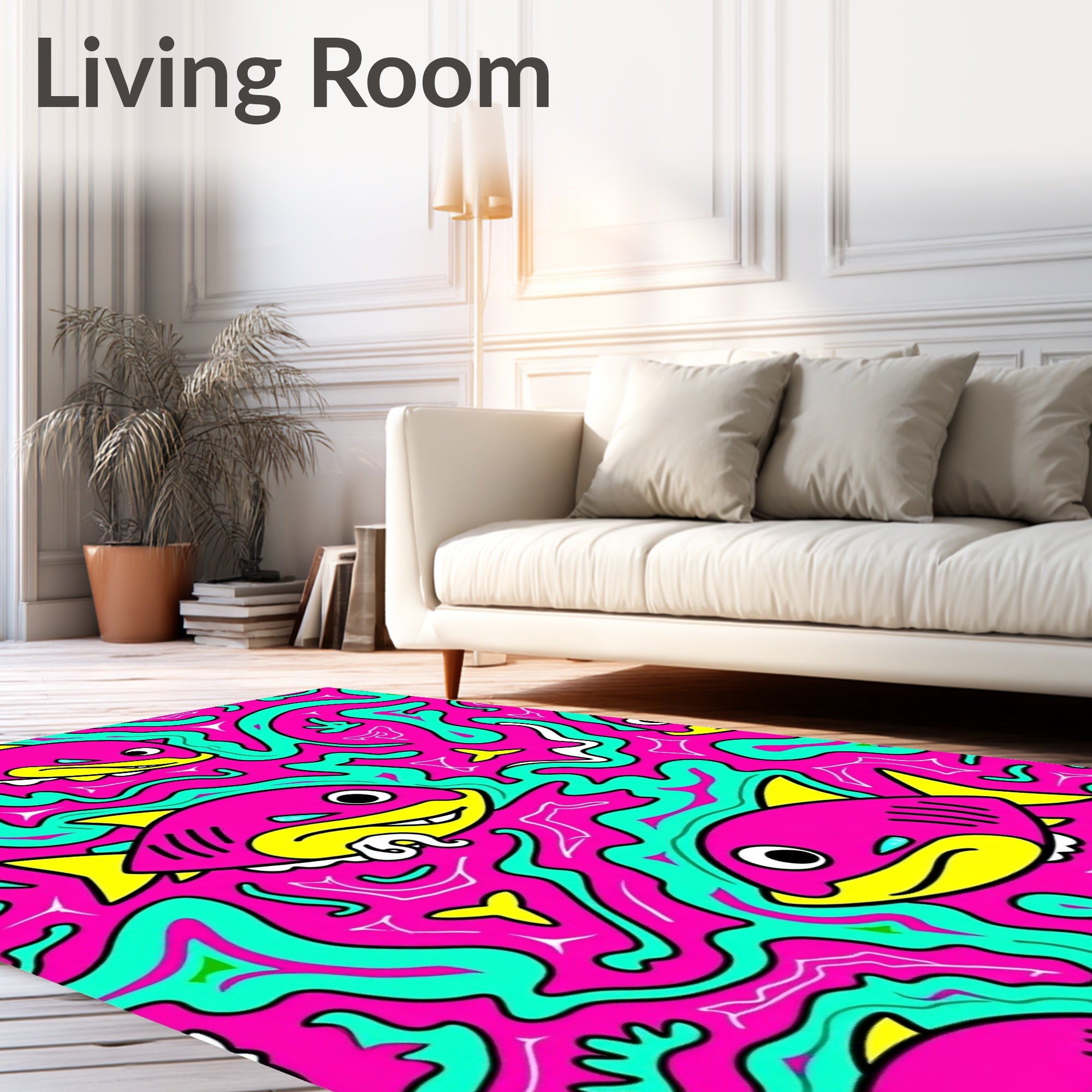 Doodle Fish Pink Aqua Yellow Art Rug