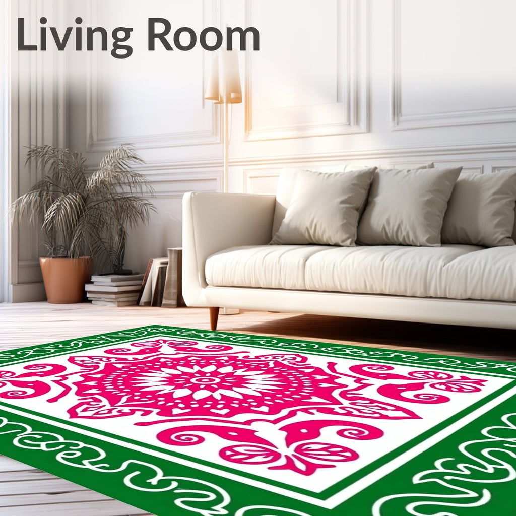 Hot Pink Floral Mandala Green Border Rug