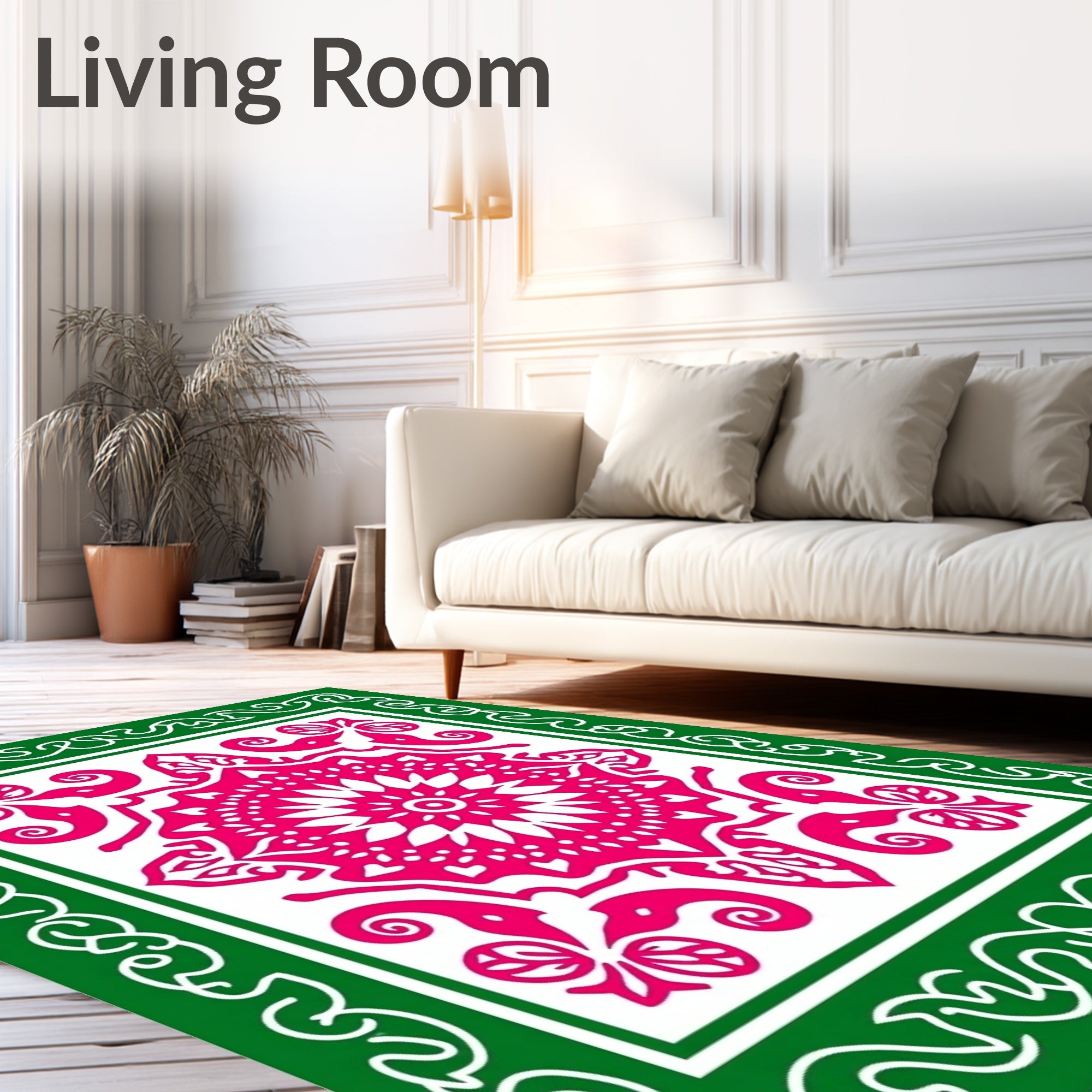 Hot Pink Floral Mandala Green Border Rug
