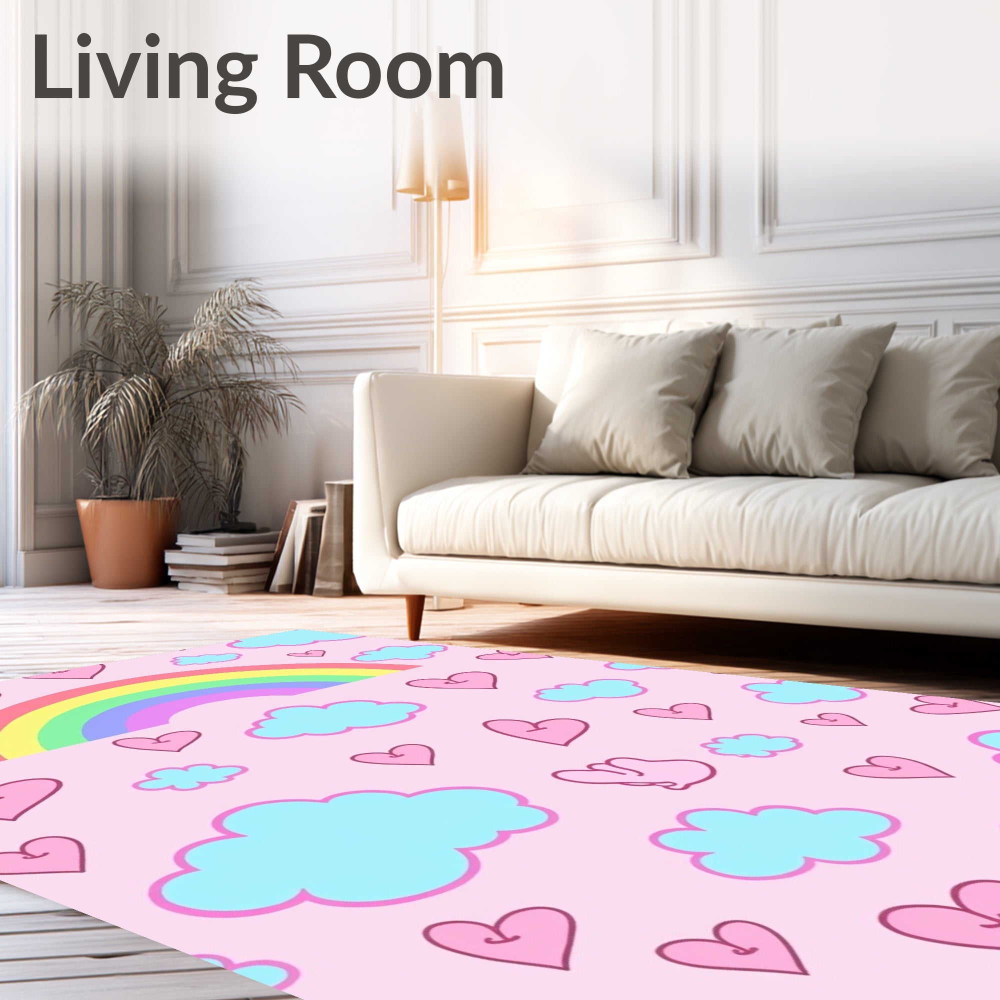 Pink Rainbow Hearts Clouds Rug