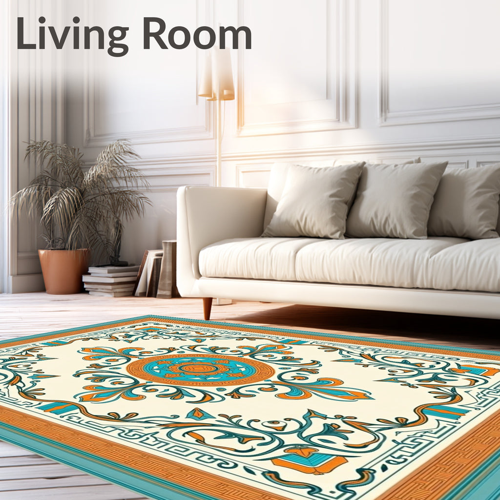 Turquoise Orange Floral Medallion Border Rug