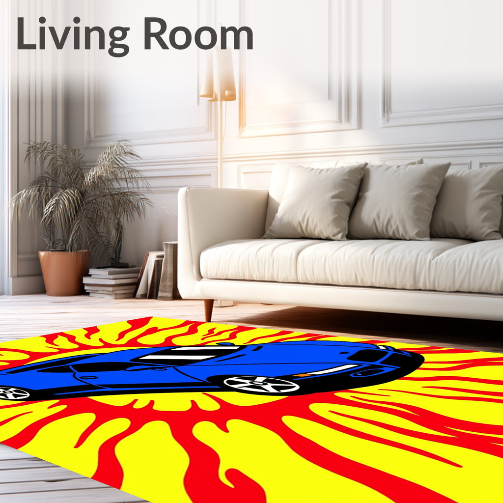 Vibrant Blue Sports Car Flames Rug