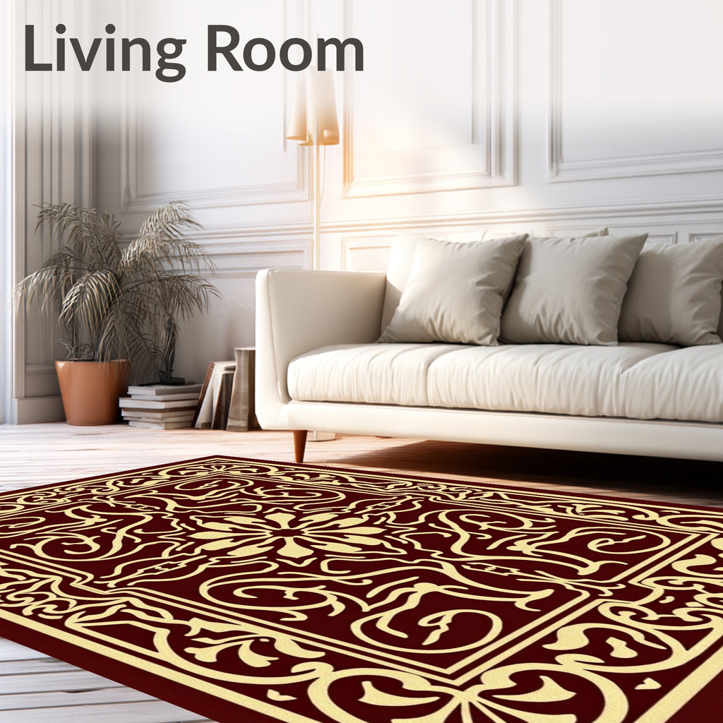Maroon and Gold Ornamental Floral Square Rug