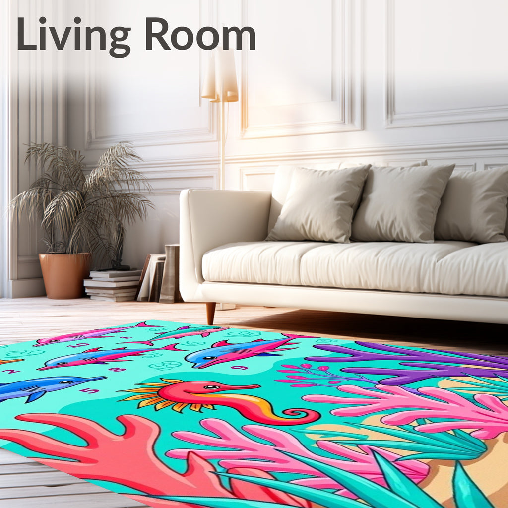 Vibrant Coral Reef Dolphin Seahorse Scene Rug