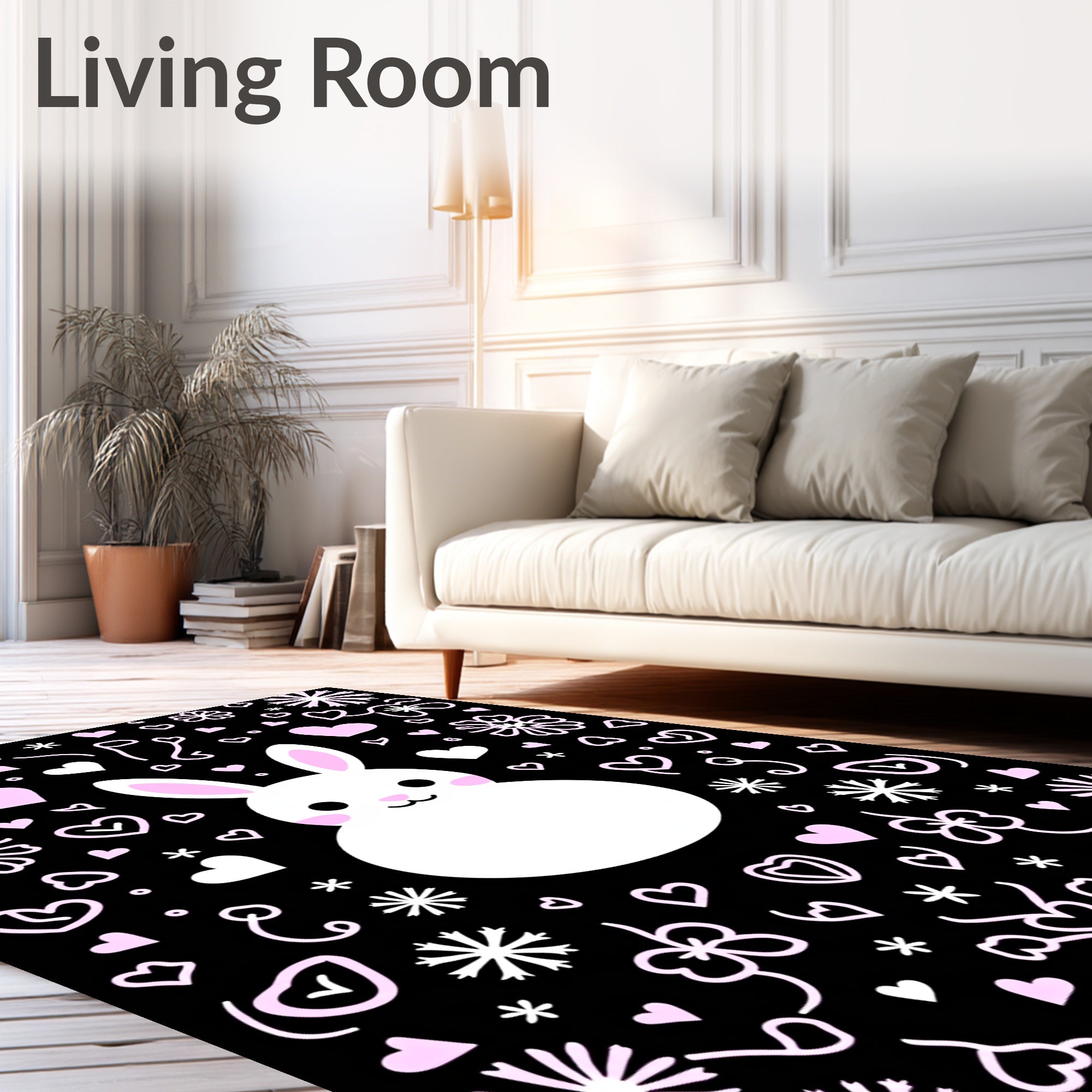 Cute White Bunny Pink Hearts Black Background Rug