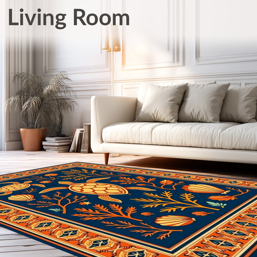 Yellow Teal Turtle Sea Life Border Rug
