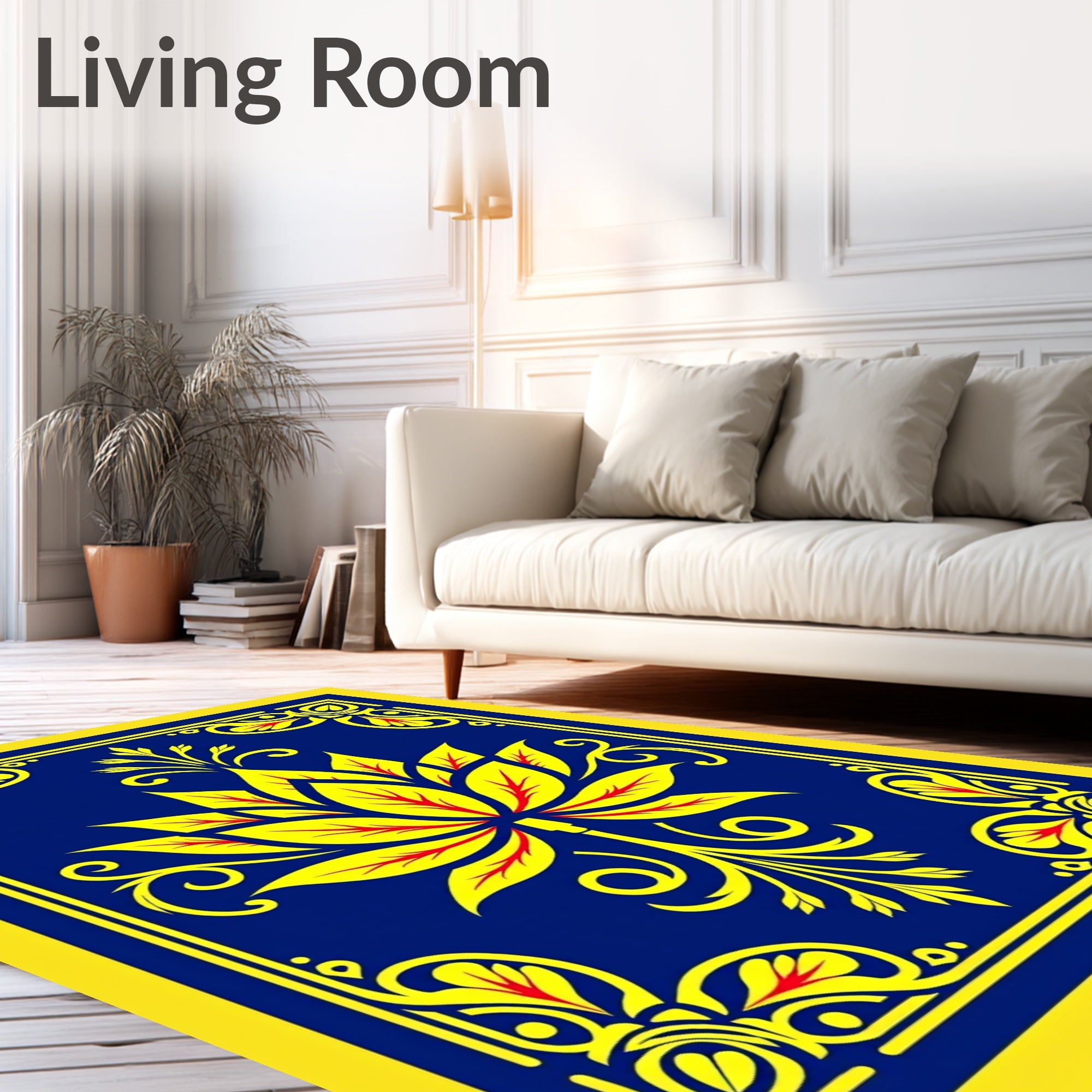 Vibrant Yellow Lotus Blue Border Rug