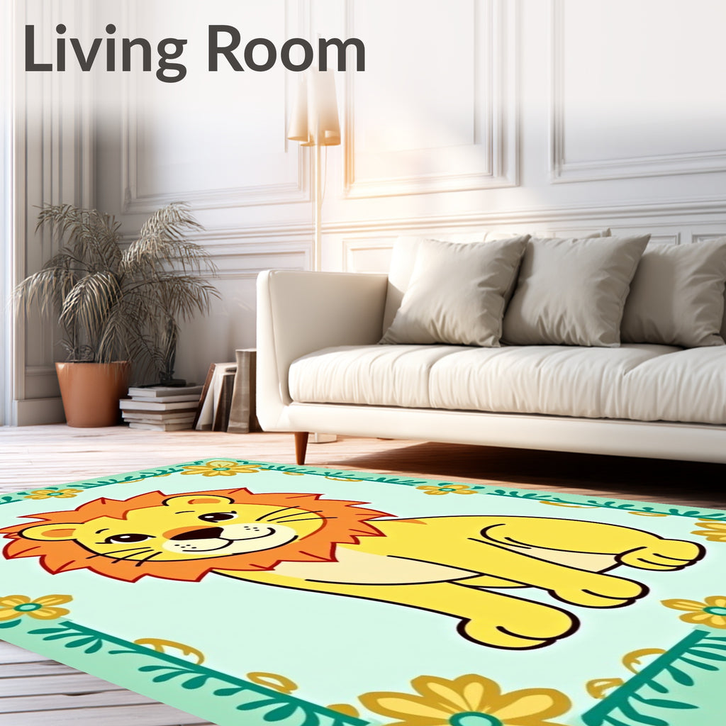 Cute Yellow Lion Floral Frame Rug