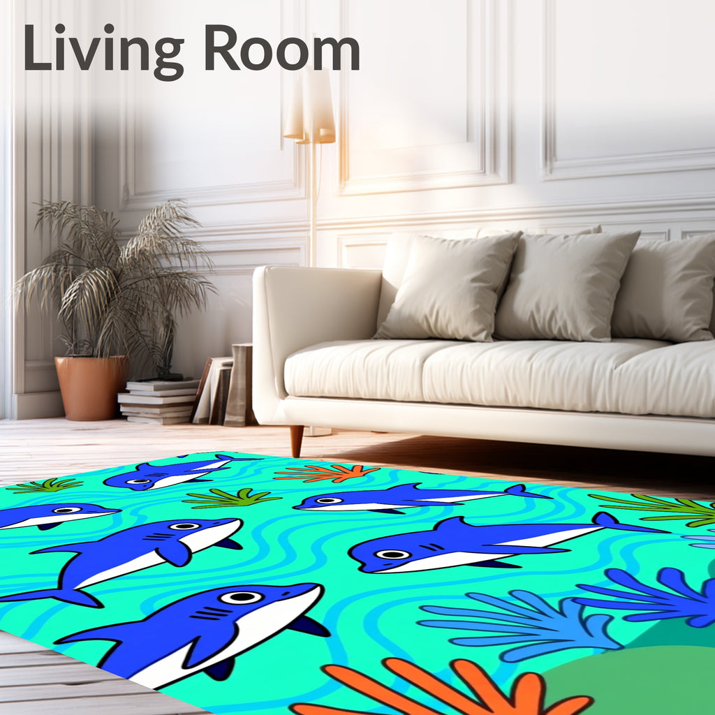 Whimsical Blue Sharks Ocean Scene Rug