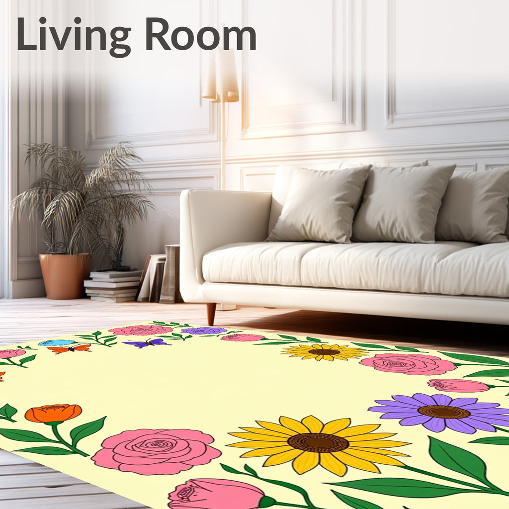 Whimsical Floral Butterfly Garden Frame Rug