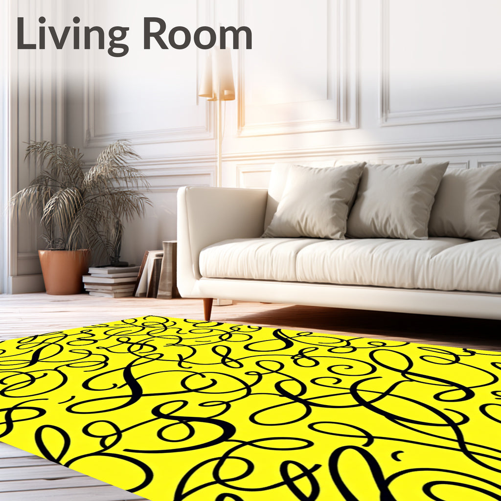 Bold Black Script Yellow Background Rug