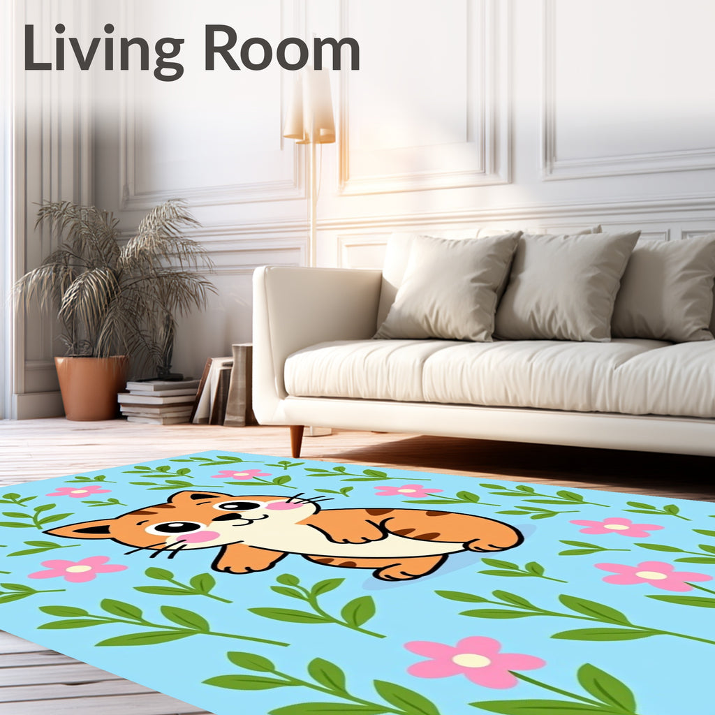 Cute Orange Cat Pink Flower Garden Rug