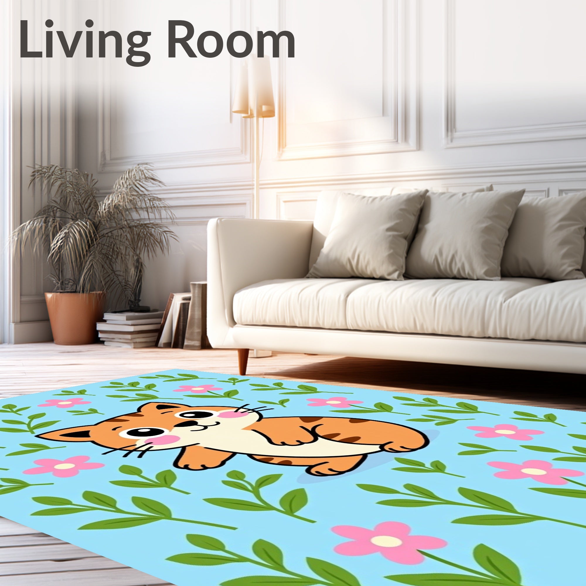 Cute Orange Cat Pink Flower Garden Rug