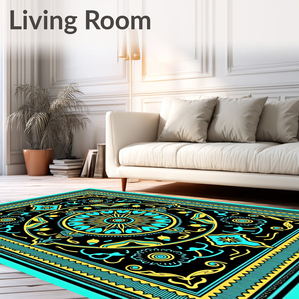 Turquoise Yellow Sunburst Mandala Rug